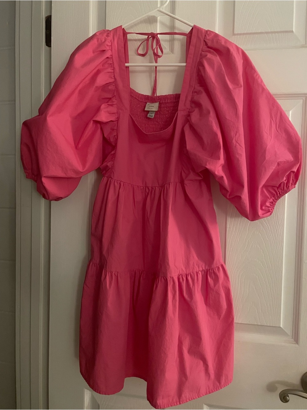 Women’s Hot Pink Puff-Sleeve Tiered Dress with Back Tie